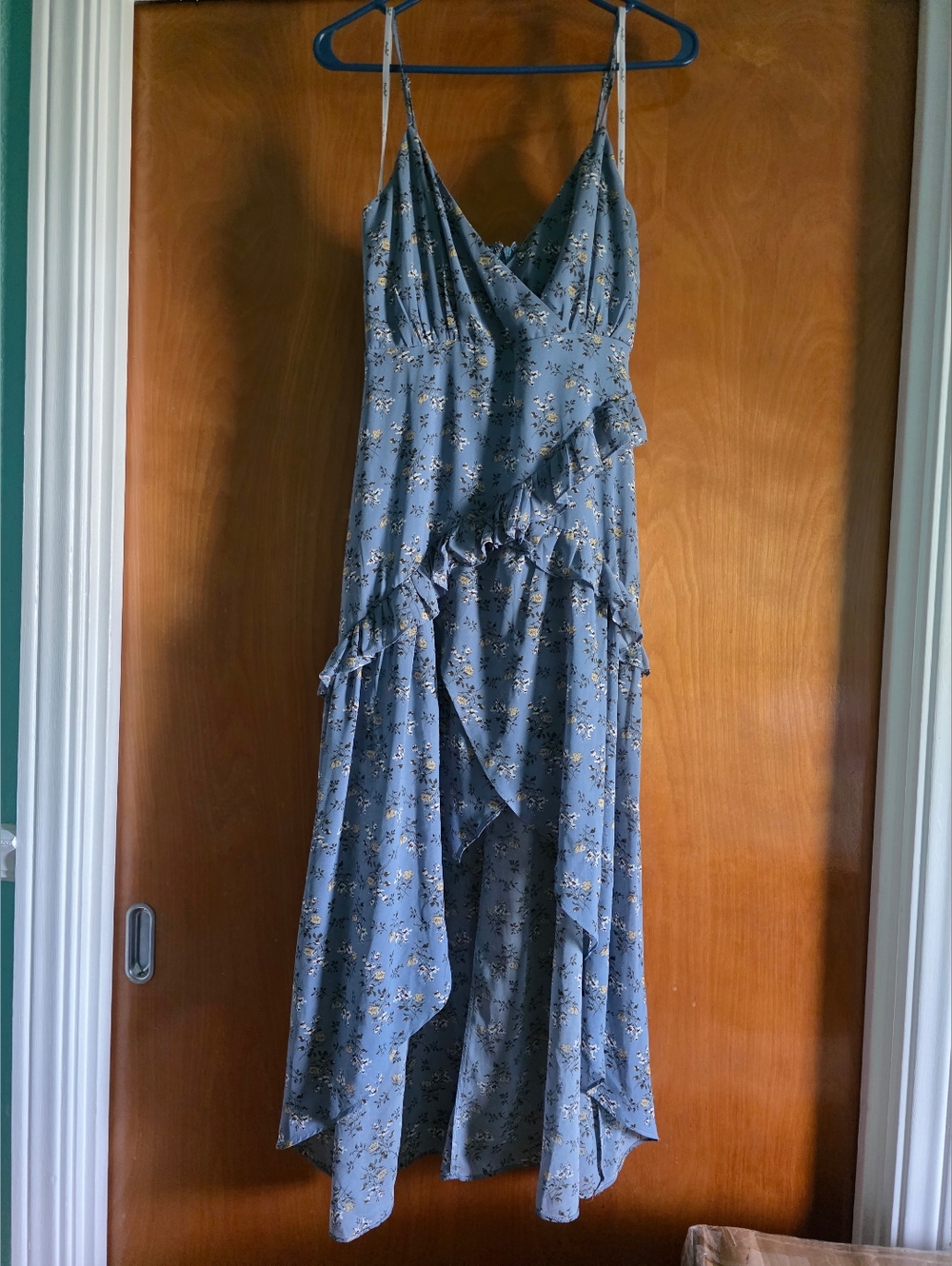 Papaya Blue Floral Ruffle High-Low Slip Dress